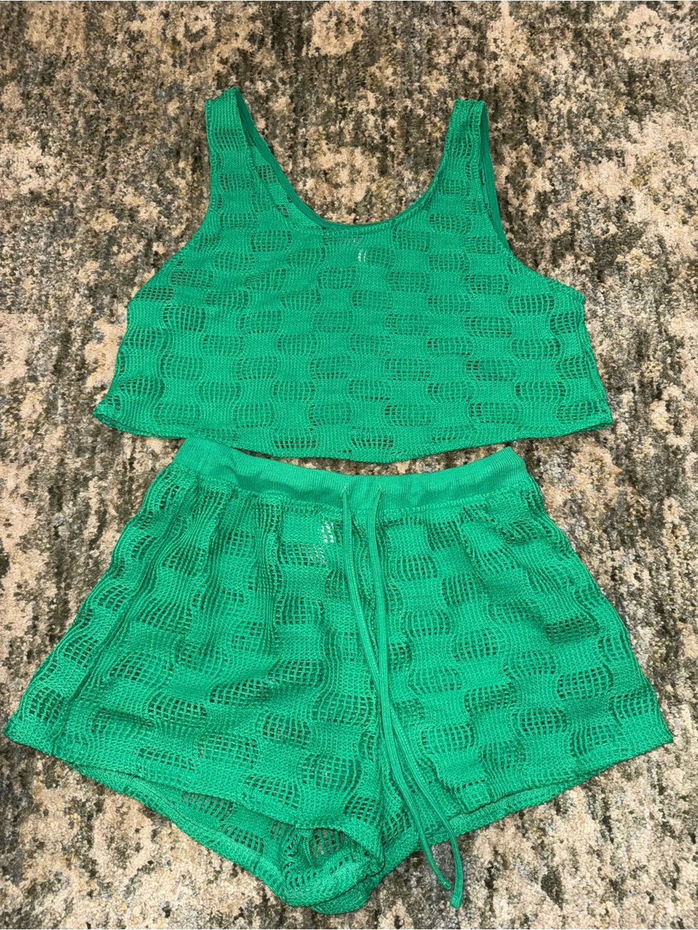 Green Crochet Two-Piece Tank and Shorts Set